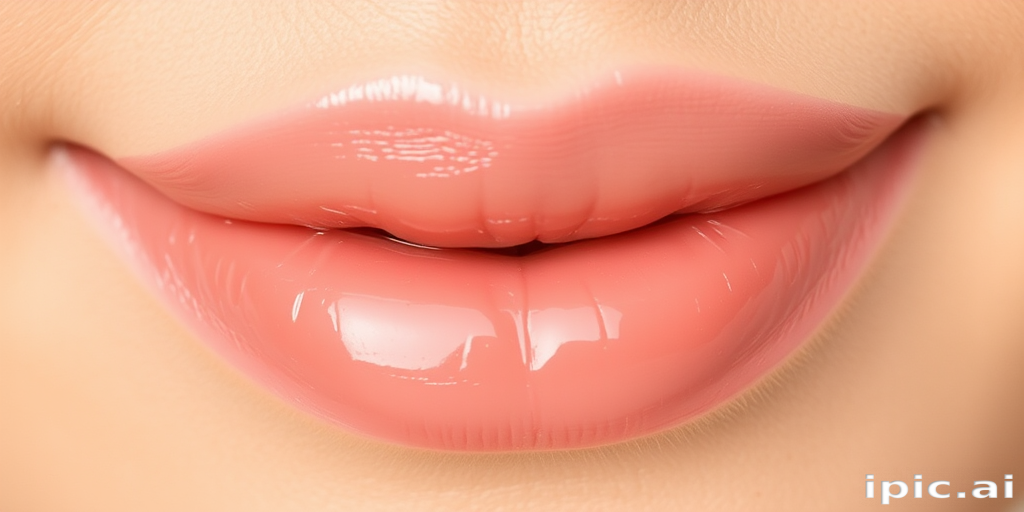 Glossy nude lips with a peachy undertone, known as "Bare Necessities," offer a natural, your-lips-but-better look with a hydrating formula