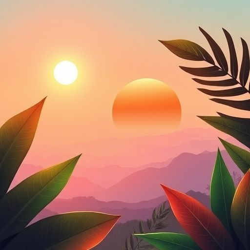 Create a vibrant digital illustration of tropical leaves in the foreground with softly rolling mountains in the background under a vivid orange sun, using a 50mm lens, f/8 aperture, natural lighting, and a high-resolution digital camera.