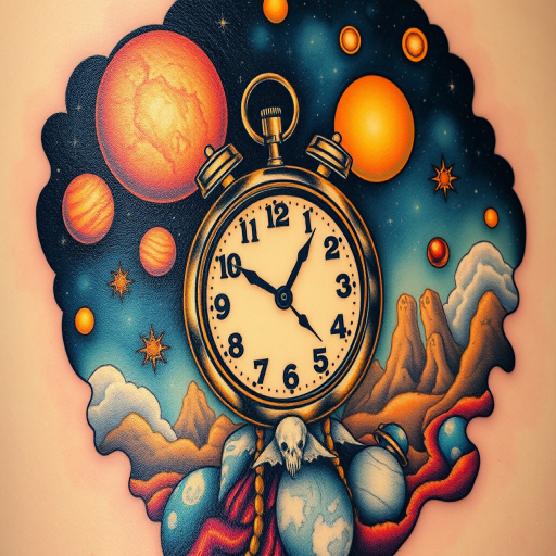Surrealist tattoo blending dreamlike elements into a cosmic landscape, Salvador Dali-inspired melting clocks floating among celestial bodies, otherworldly color palette with metallic accents