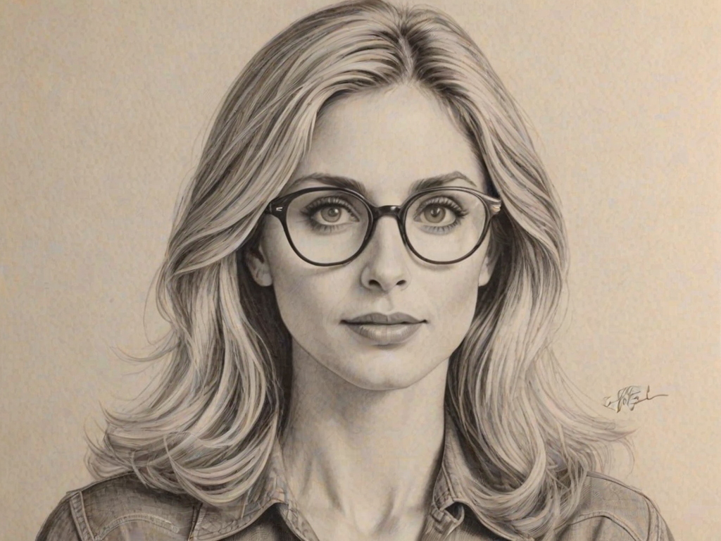 Gorgeous Helen Slater, pencil sketch, portrait of Stunning woman 1944s in glasses, hair style beatnik, outline, clear lines, fine lines, 8k