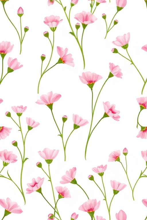 Create a seamless pattern featuring delicate pink flowers with green stems on a white background. The flowers should vary in size and orientation for a natural look.