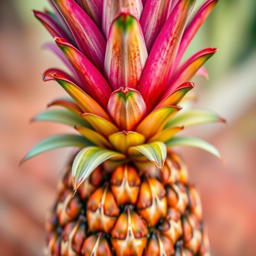 Create a high-resolution illustration of a pineapple with vibrant colors, focus on the texture of the leaves and the body, using a 50mm lens f/1.8, natural lighting, shot from a slightly elevated angle with a digital camera.
