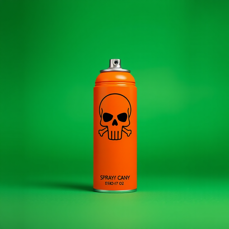 Create a high-resolution digital illustration of an orange spray can with a skull logo on a solid green background, using a Canon EOS R5 camera with a 50mm f/1.2 lens, aperture set to f/4, ISO 100, shot from a slightly low angle to enhance perspective, using vibrant colors and sharp details to emphasize the can's design.