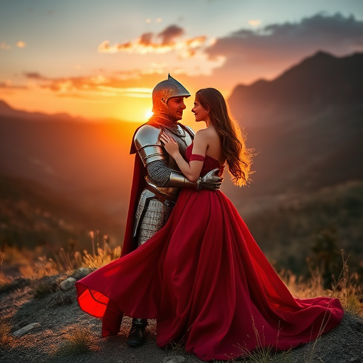 Generate an image of a knight in shining armor embracing a woman in a flowing red dress during a sunset in a mountainous landscape, captured with a Canon EOS R5 at f/1.8, ISO 100, 50mm lens, using a soft focus style.