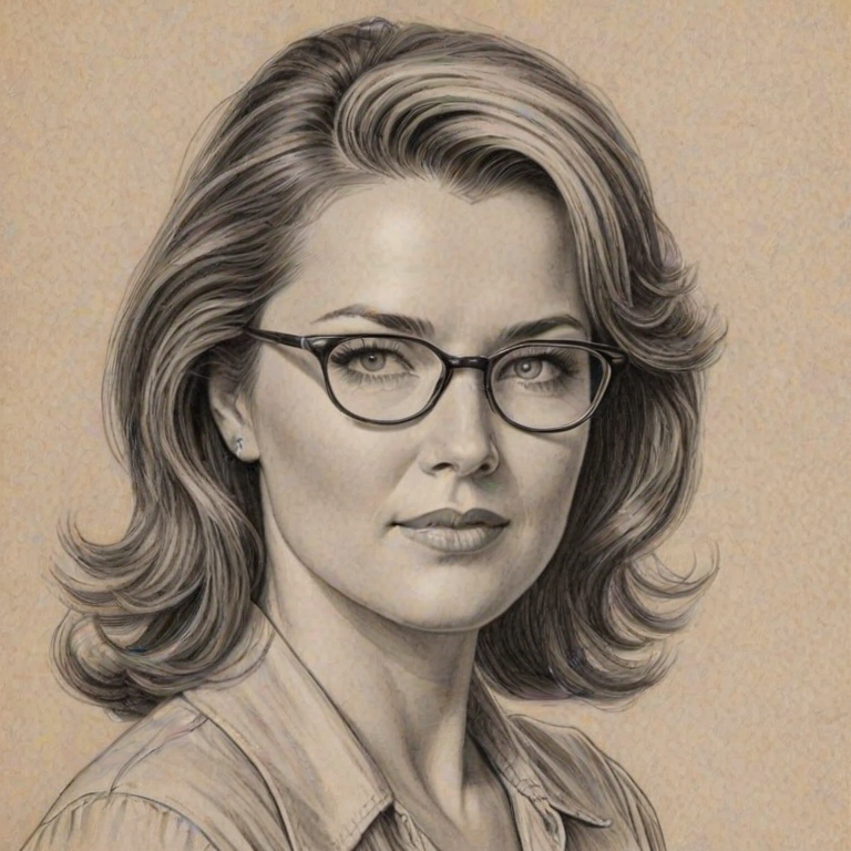 Elegant Lucy Lawless, pencil sketch, portrait of Delightful woman 1950s in glasses, hair style beatnik, outline, clear lines, fine lines, 8k