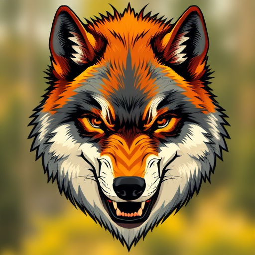 Create an illustration of a fierce wolf's head with vibrant orange and gray fur, emphasizing sharp features and intense expression, using a high-resolution setting with a DSLR camera, f/2.8 aperture, 50mm lens, 1/250 shutter speed, and a soft focus background for a striking visual effect.