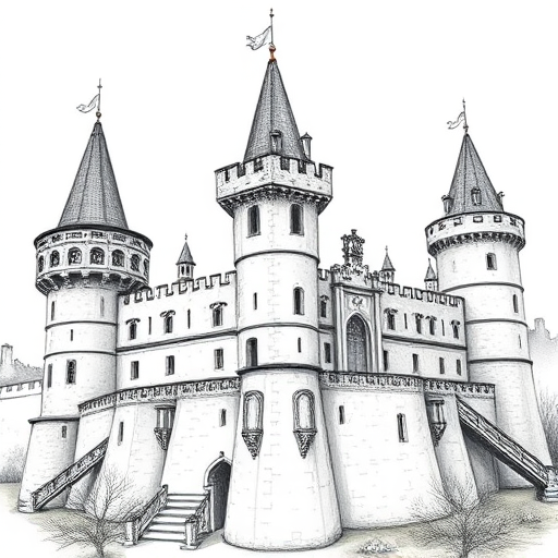 regenerate a detailed illustration of a medieval castle with intricate towers and battlements, soft lighting, shot with a DSLR camera at f/8 aperture, ISO 100, 50mm lens, eye-level view, in a realistic sketch style