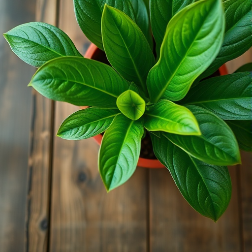 Close-up of a green potted plant with lush leaves on a rustic wooden table, shot with a Canon EOS R5 at f/2.8, 1/100s, ISO 100, top-down view, natural lighting, macro style.