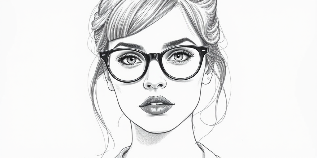 Beautiful Rooney Mara, pencil sketch, portrait of beautiful woman 60s in glasses, hair style beatnik, outline, clear lines, fine lines, 8k