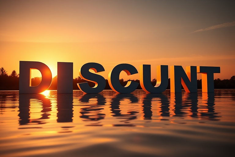 Create an image of the word DISCOUNT in large, bold letters reflecting in calm water at sunset, with a soft golden light illuminating the scene, using a DSLR camera, f/2.8 aperture, 50mm lens, ISO 100, and a low angle view for enhanced depth.