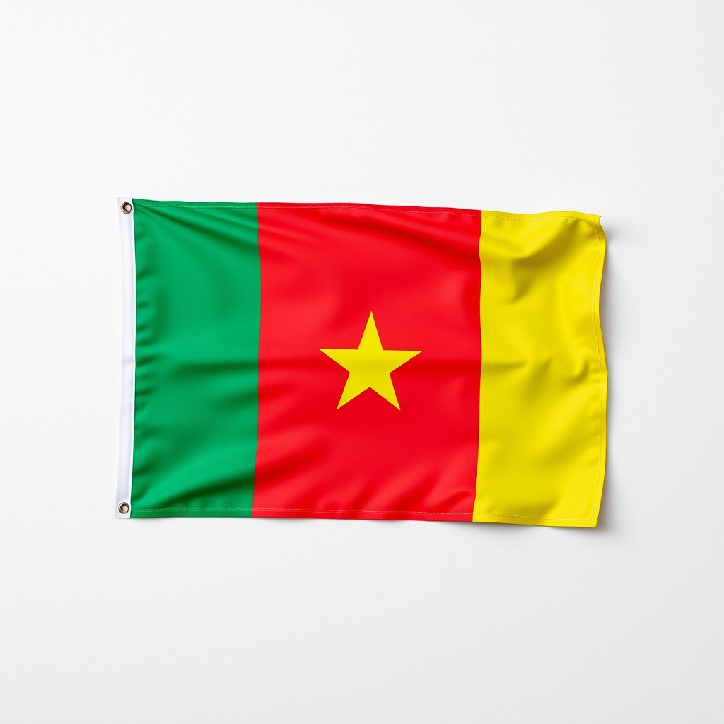 Create a high-resolution image of the Cameroonian flag with vibrant colors, using a DSLR camera with a 50mm lens, f/1.8 aperture, 1/100 sec shutter speed, ISO 100, captured in a flat lay style against a neutral background, ensuring sharp focus and saturation.