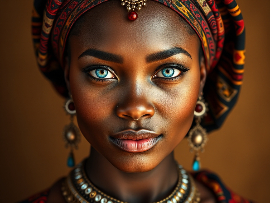 Create a portrait of a beautiful Zulu woman with striking cyan eyes and a gentle expression. She is adorned in traditional attire with intricate patterns, including a richly embroidered headscarf and matching garments. Her jewelry includes a delicate headpiece, dangling earrings, and ornate bracelets, all featuring vibrant gemstones and detailed metalwork. The background is soft and warm, enhancing the rich colors of her outfit and jewelry.