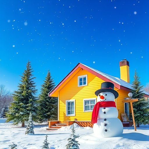 A cozy winter scene with a yellow house, a snowman wearing a red scarf and hat, and green pine trees, set against a bright blue sky with falling snowflakes, captured with a DSLR camera at an aperture of f/8, ISO 100, shutter speed 1/200s, wide-angle lens, shot in vibrant colors to enhance clarity and detail.