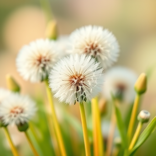 Create an illustration of dandelions with white fluffy seed heads and green leaves in a soft, pastel background, shot with a macro lens at f/2.8, ISO 100, 1/200s shutter speed, using a DSLR camera and a shallow depth of field for enhanced detail and clarity.