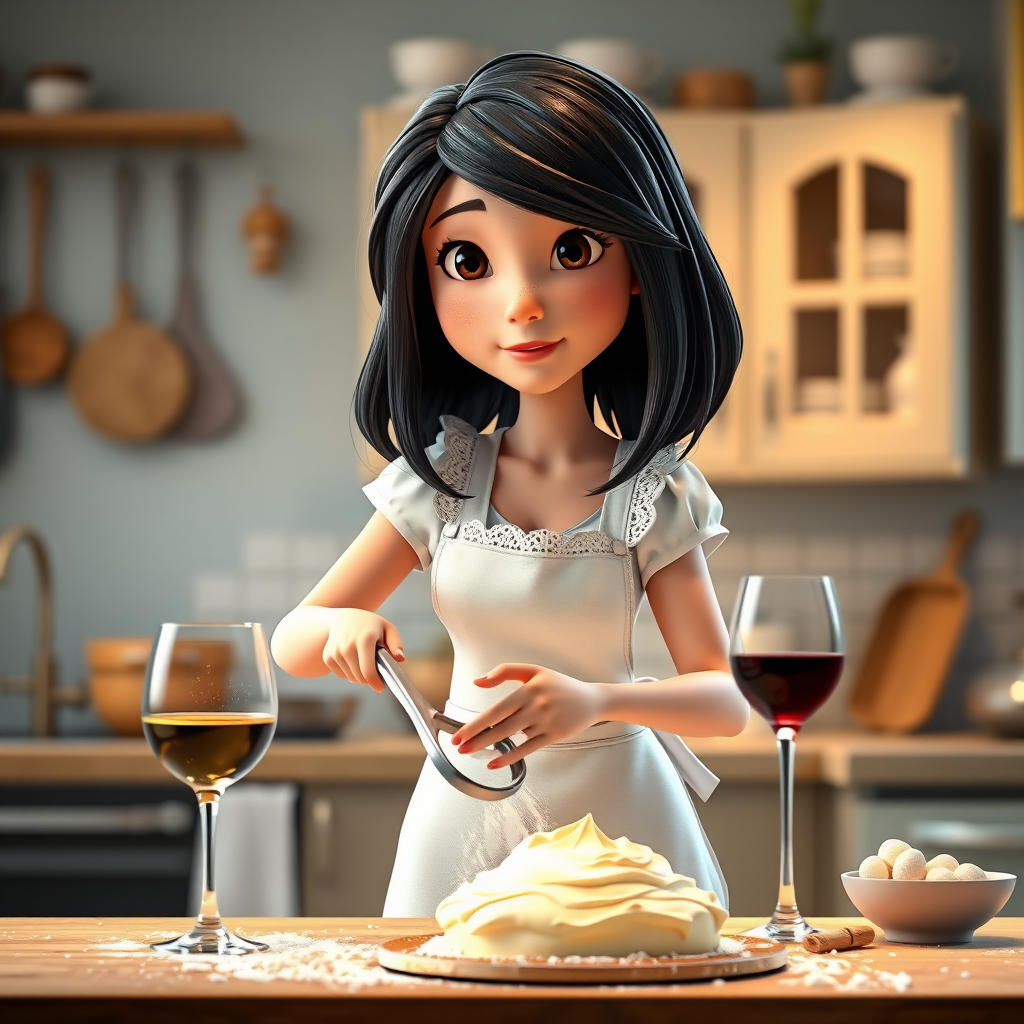 A Pixar-style CGI girl with black hair and black eyes wearing a white apron with lace stands in a kitchen and kneads cake batter. There is flour dust in the air, a glass of wine on the table and the cake ingredients are scattered around. 3D