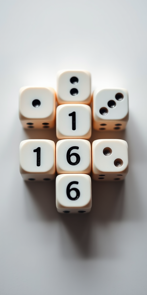 Create an image of six dice in a row showing the numbers 1 through 6, top-down view, macro shot, DSLR camera, f/2.8 aperture, 1/125 sec shutter speed, ISO 200, soft natural lighting for enhanced clarity.