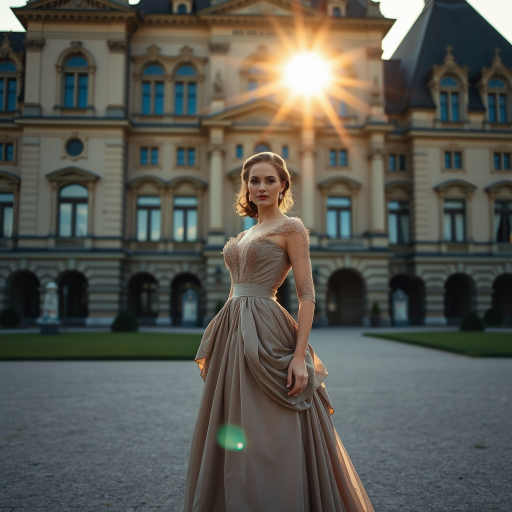 An elegant woman, dressed in a vintage gown, stands in front of a grand, historic building. The setting sun casts a warm, golden light on her