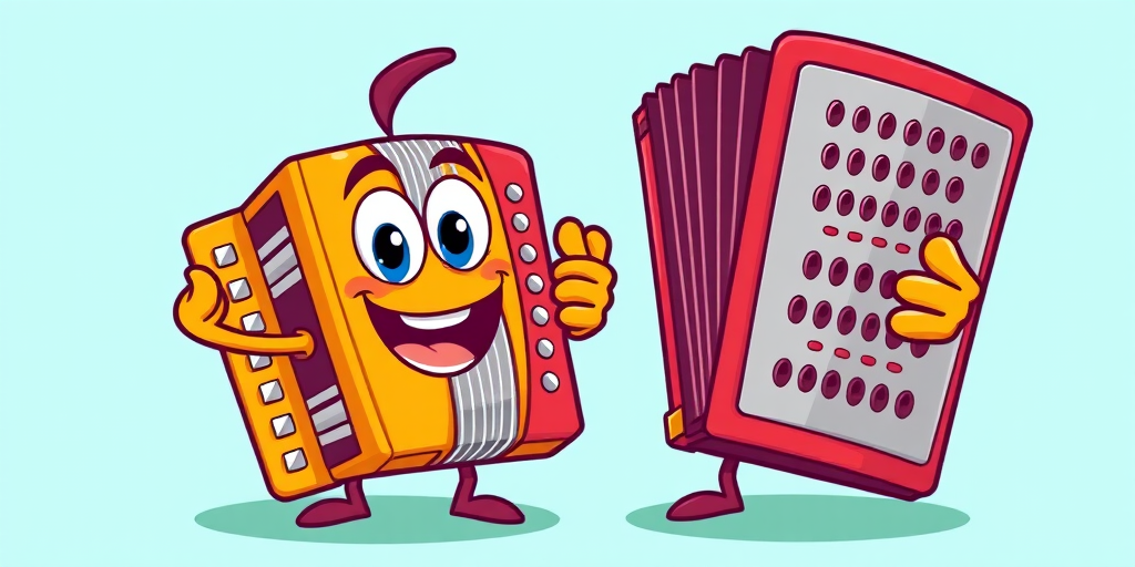 Create a vibrant and playful cartoon-style image of a smiling accordion and grater character, with bright colors and bold outlines, using a DSLR camera with a 50mm lens at f/1.8, ISO 100, and a shallow depth of field for enhanced image quality.