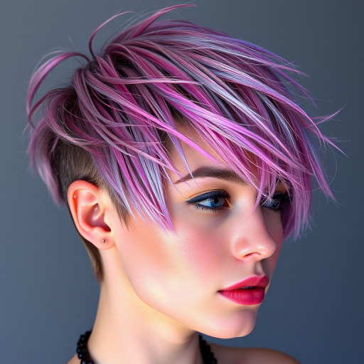 Futuristic holographic pixie cut named "Prism Punk" reflecting an array of metallic hues as light hits the precisely angled layers and textured fringe