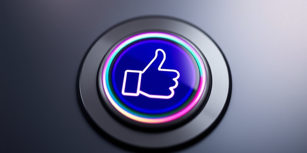 Create a high-resolution image of a circular button with a thumbs up symbol in a modern design, using a Canon EOS R5 camera, 50mm lens, f/2.8 aperture, ISO 100, with a soft-focus background to enhance the button's vibrant colors.