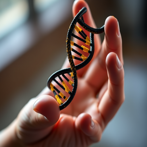 Generate an image of a hand holding a double helix DNA strand with black and yellow colors, blurred bokeh background, taken with a DSLR camera at f/2.8 aperture, 50mm lens, ISO 100, shot in natural light.