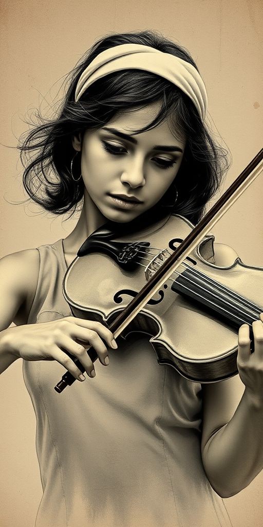 a young Latino woman with a white headband playing a violin, in the style of a charcoal drawing, sepia grunge background