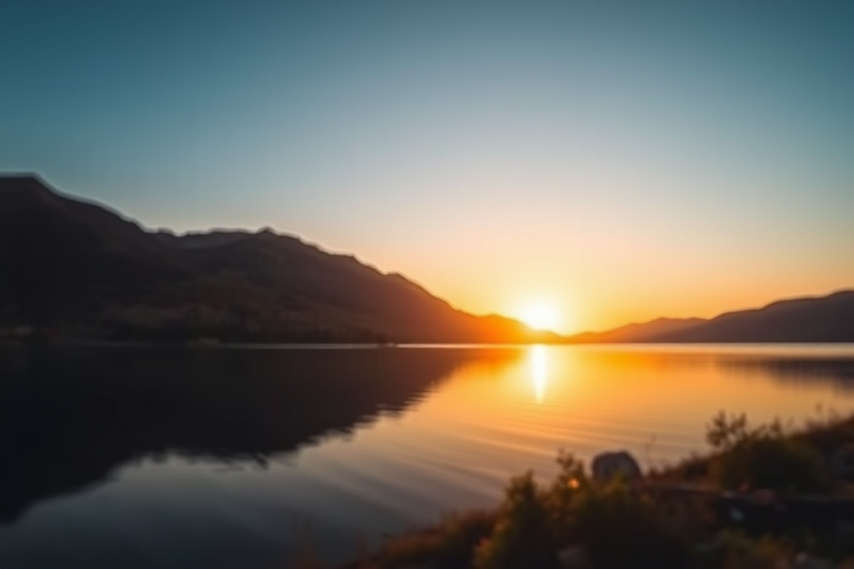 sunset over a calm lake with mountains in the background, golden light reflecting on the water, taken with a DSLR camera, ISO 100, f/11, 1/200 sec, 50mm lens, landscape orientation, soft focus effect