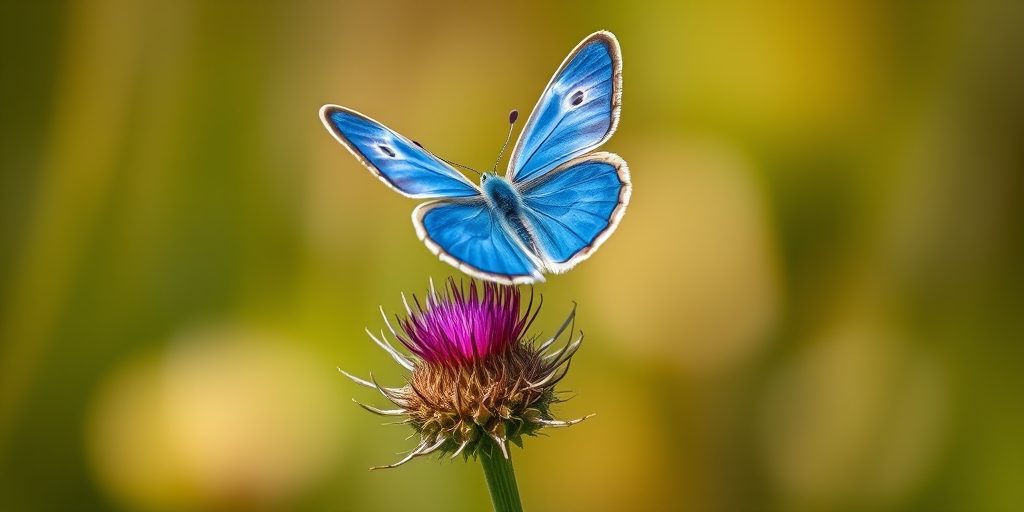 macro shot of a blue butterfly perched on a thistle plant with soft-focus background, 100mm lens, f/2.8 aperture, ISO 200, natural lighting, DSLR camera, vibrant colors and sharp details