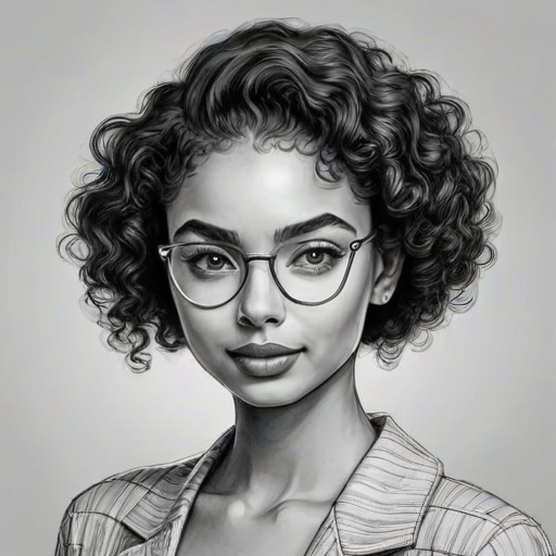 Enticing Yara Shahidi, pencil sketch, portrait of Attractive woman 1933s in glasses, hair style beatnik, outline, clear lines, fine lines, 8k