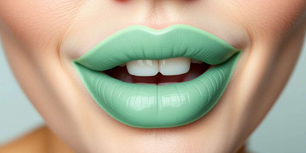 Fresh "Minty Green" lips showcasing a cool, pastel green matte color, precisely lined and filled for a unique, avant-garde look