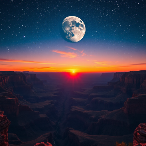 Create a stunning cosmic landscape featuring a vibrant sunset over the Grand Canyon with a large moon and Earth visible in the sky, using a Canon EOS R5 with 24-70mm f/2.8 lens, aperture set to f/8, ISO 200, and a wide-angle view to capture the expansive scene with high detail and rich colors.