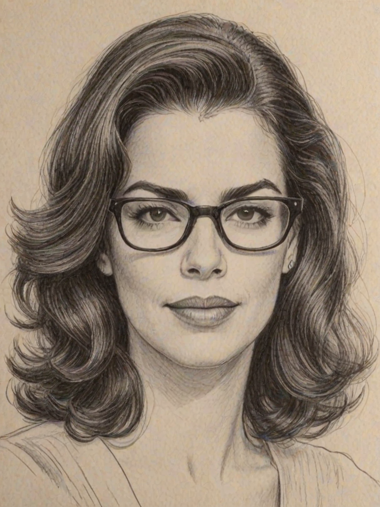 Bewitching Annabella Sciorra, pencil sketch, portrait of Lovely woman 1948s in glasses, hair style beatnik, outline, clear lines, fine lines, 8k