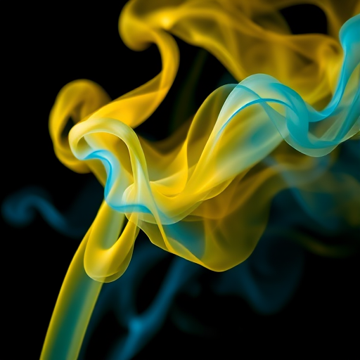 Generate a vibrant abstract image of swirling blue and yellow smoke, captured with a Canon EOS R5 at f/2.8, ISO 100, 1/250 sec, using a macro lens for detailed texture, in a soft light studio setup with a dark background to enhance contrast and depth.