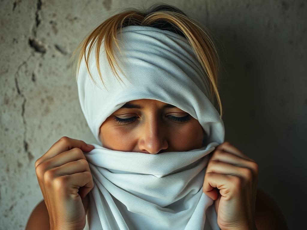 Create a close-up photographic image of a Maori woman with light skin tones shown against an old, worn wall. Their head is wrapped in a white cloth covering (i.e.... parts of the head except the nose and mouth, which are open as if they are screaming...), with a slight texture and visible folds in the fabric. Thin strands of blonde hair escape from the wrapping above, falling lightly at the top and sides. Their hands hold the fabric as if they are tugging nervously. The lighting is dramatic and even, casting strong shadows. The image has a minimalist and surreal style with an emphasis on simplicity with soft color tones. The composition is centered.