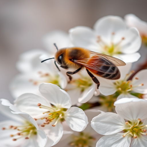 a close-up photograph of a bee on white cherry blossoms with a shallow depth of field, aperture f/2.8, ISO 100, shutter speed 1/200 sec, macro lens, soft natural light, shot on a DSLR camera