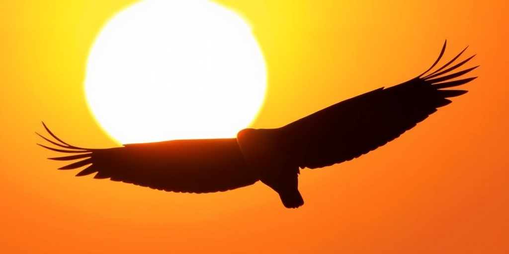Generate a detailed black silhouette of a graceful bird in flight against a bright sunset background, captured with a DSLR camera at ISO 100, aperture f/8, 1/500 sec shutter speed, using a telephoto lens from a low angle to emphasize the bird's wingspan and enhance the light contrast.