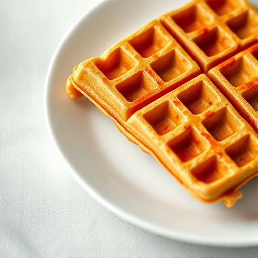 Create a high-resolution image of a perfectly golden-brown waffle resting on a white plate, captured with a Canon EOS R5 at f/2.8, ISO 100, and 1/200s in natural light, top-down view, with a soft focus background to enhance the waffle's texture and color.