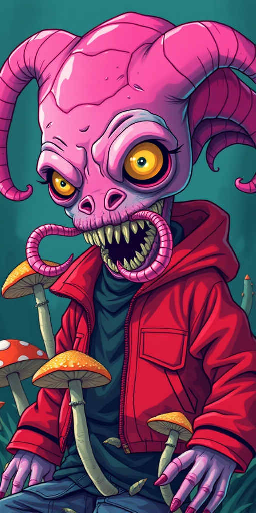 Create a vivid illustration of a monster with a pink, tentacled head, wearing a red jacket, featuring exaggerated eyes and mushrooms, in a high-contrast style, captured with a DSLR camera, 50mm lens, f/2.8 aperture, and vibrant colors.