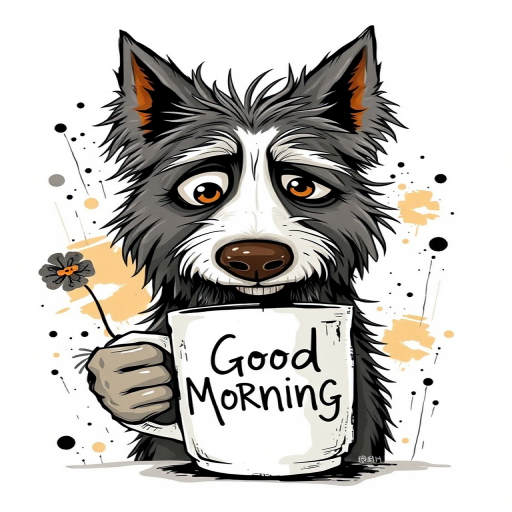A quirky, artistic illustration of a disheveled collie dog breed with exaggerated, large eyes and spiky fur, holding a coffee mug that reads "Good Morning". The dog has a tired but humorous expression, with ink splatters and abstract details surrounding it, giving a whimsical feel to the image. The color palette is mostly monochrome with hints of brown in the eyes and steam rising from the mug, enhancing the overall sleepy vibe