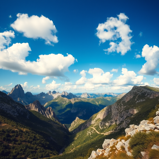 Generate a stunning landscape image of a mountainous region under a clear blue sky with fluffy clouds, capturing the details of rocky peaks and lush greenery, using a DSLR camera with settings: ISO 100, aperture f/8, shutter speed 1/500s, focal length 24mm, shot from a wide-angle perspective.