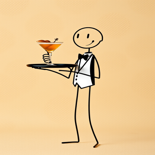 Create an image of a stick figure waiter holding a cocktail on a tray, with a textured beige background, captured in high resolution using a Canon EOS R5 camera, with a 50mm lens at f/1.8, shooting from a slightly elevated angle to enhance depth, in a digital art style.