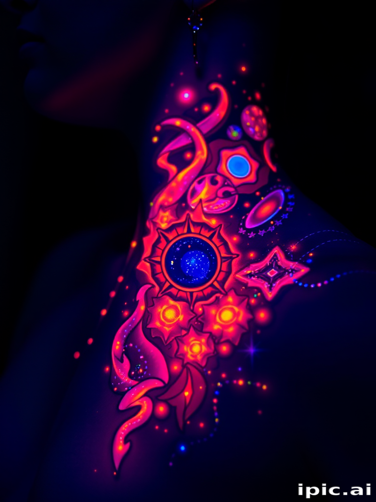 Cosmic blacklight tattoo revealing hidden elements under UV light, intricate space-themed designs with glowing nebulae and stars, mysterious and interactive body art experience