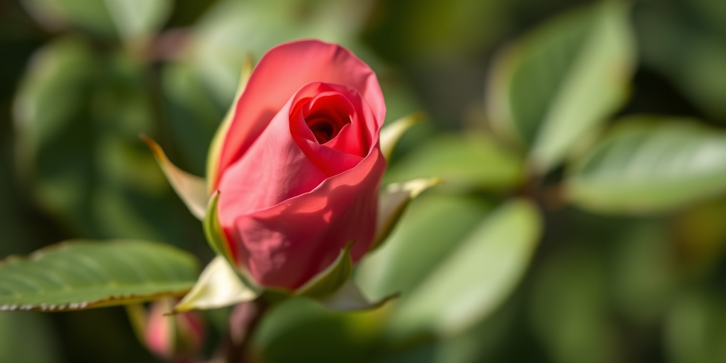close-up of a rosebud surrounded by leaves, shallow depth of field, natural light, f/2.8 aperture, 50mm lens, ISO 100, macro photography, soft bokeh in the background