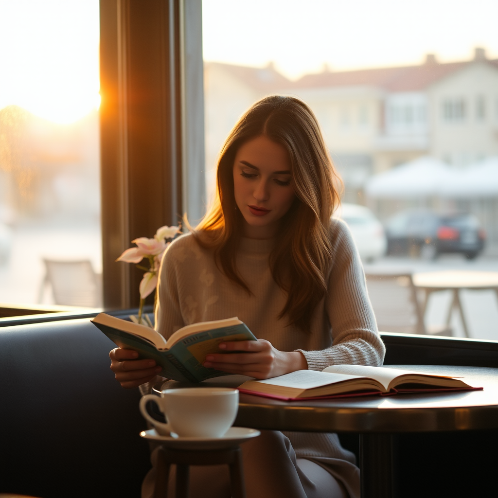 Softly lit image of a woman sitting alone at a cafetable, reading a book in the late afternoon light, with a cup of tea steaming beside her and the soft glow of the setting sun illuminating the scene.