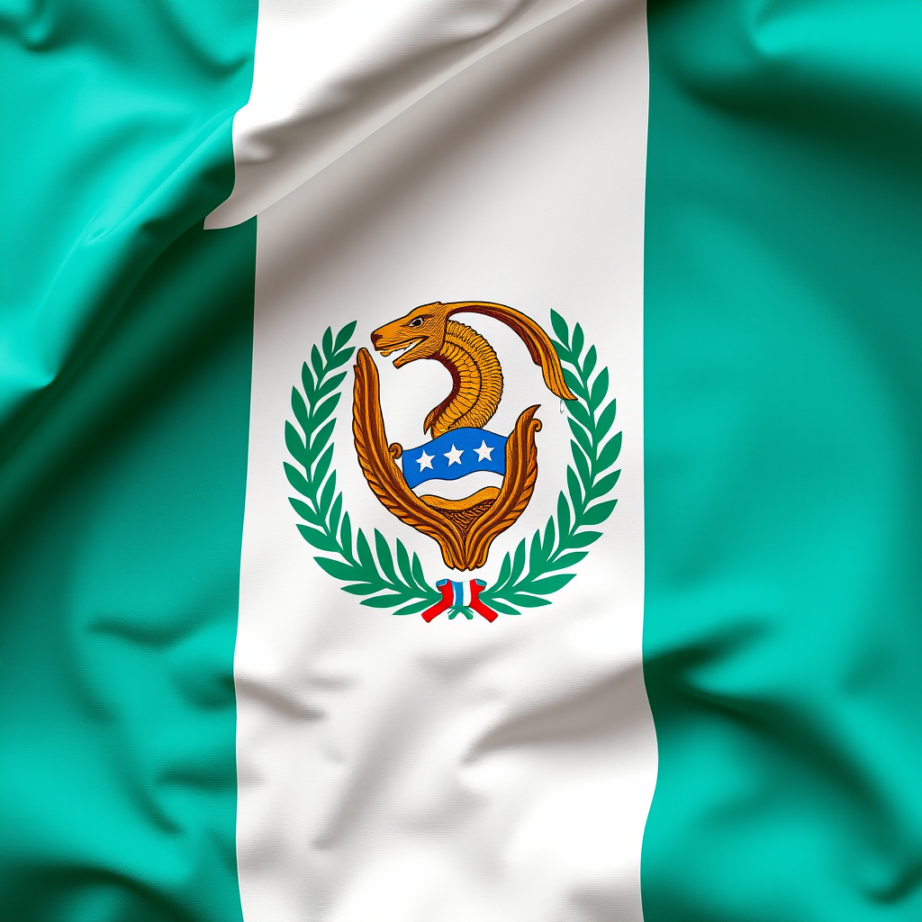 Create an image of the Guatemalan flag with vibrant colors and intricate details of the coat of arms, shot with a DSLR camera at f/8 aperture, ISO 100, 24mm focal length, and a slight HDR effect for enhanced clarity.