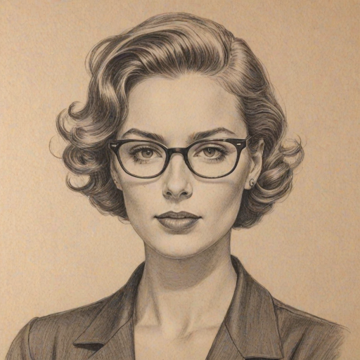 Gorgeous Mary Elizabeth Ellis, pencil sketch, portrait of Captivating woman 1951s in glasses, hair style beatnik, outline, clear lines, fine lines, 8k