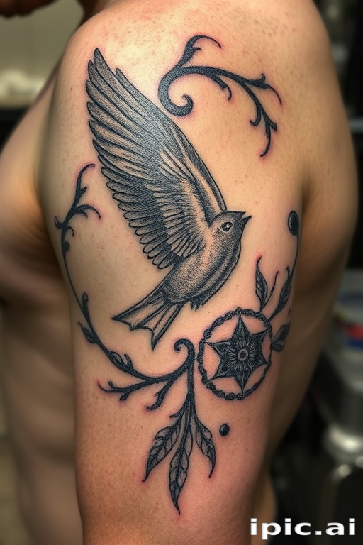 Etching style tattoo known as "Engraved Memories" utilizing fine lines cross-hatching and stippling techniques to create a design that resembles an old-world engraving with rich textures and depth