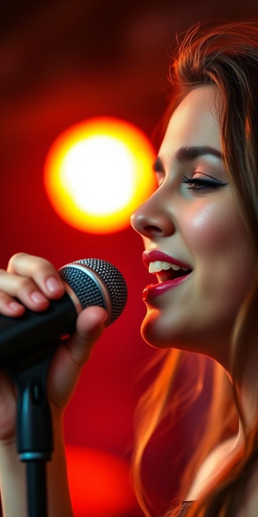 Portrait of a young woman singing passionately into a microphone, vibrant sunset background, soft bokeh effect, 50mm lens, aperture f/1.8, ISO 100, natural light, DSLR camera.