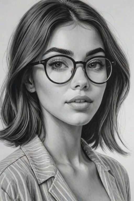 Splendid Madison Beer, pencil sketch, portrait of Exquisite woman 1952s in glasses, hair style beatnik, outline, clear lines, fine lines, 8k