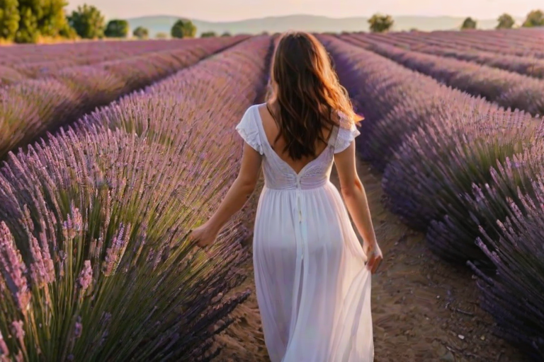 Sunlit field of lavender, the vibrant purple stretching as far as the eye can see, a woman in a flowing white dress walks barefoot through the flowers, her hands gently brushing the tops of the blooms.